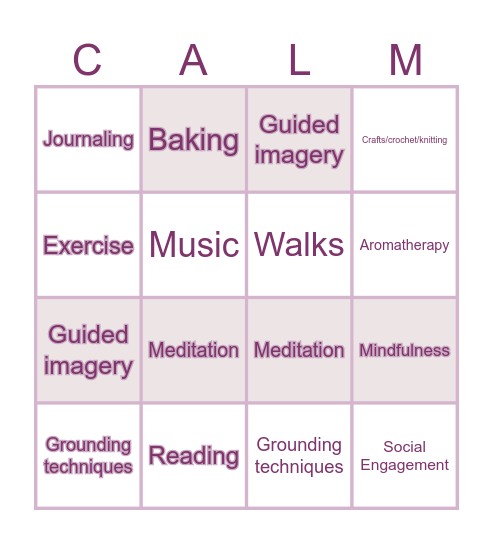 Relaxation Bingo Card