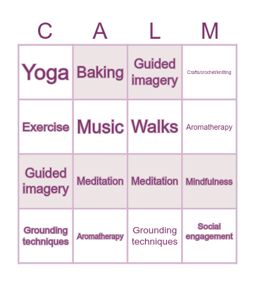 Relaxation Bingo Card