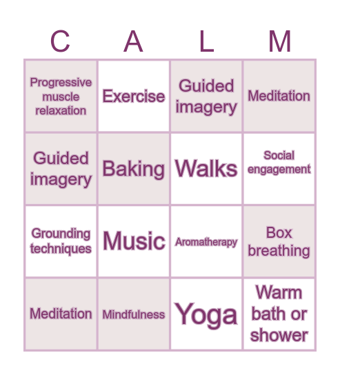 Relaxation Bingo Card