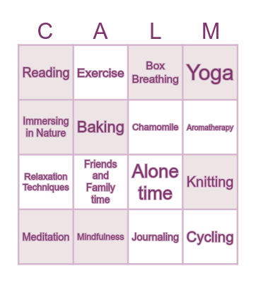 Relaxation Bingo Card