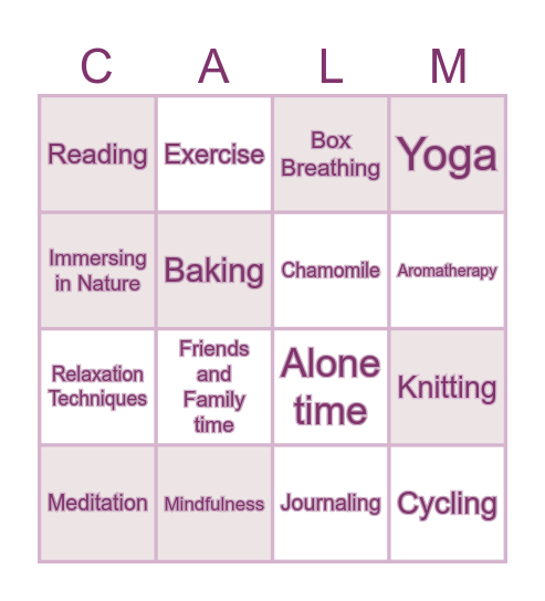 Relaxation Bingo Card