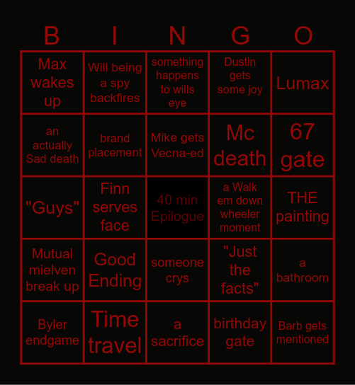 stranger things 5 Bingo Card