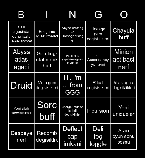 Path of Exile 2 bingo kartim Bingo Card