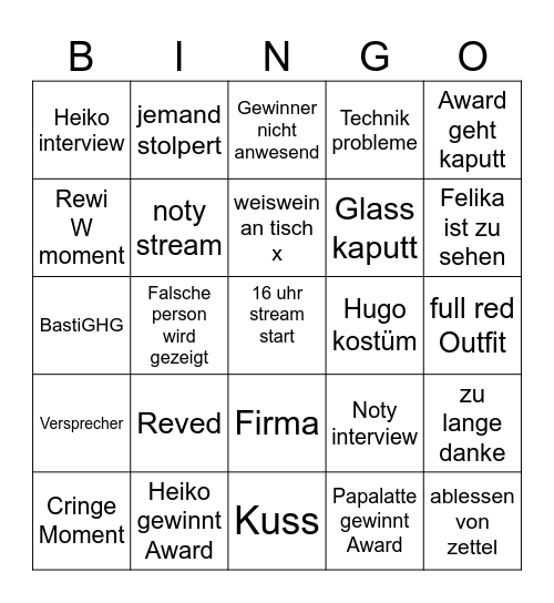 Stream Awards 2025 Bingo Card
