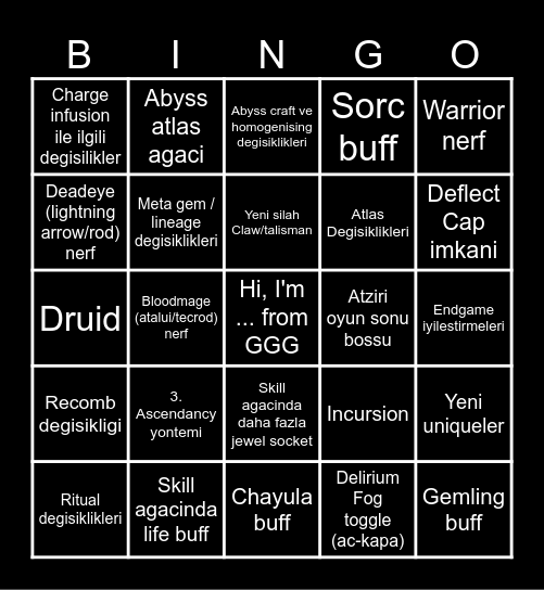 Path of exile 2 tahminleri Bingo Card