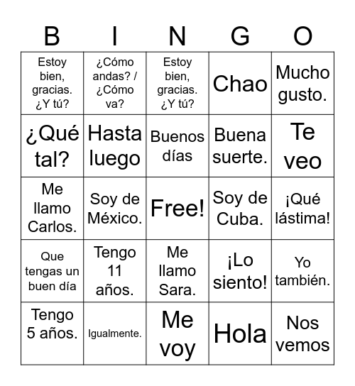 Conversación básica Bingo Card