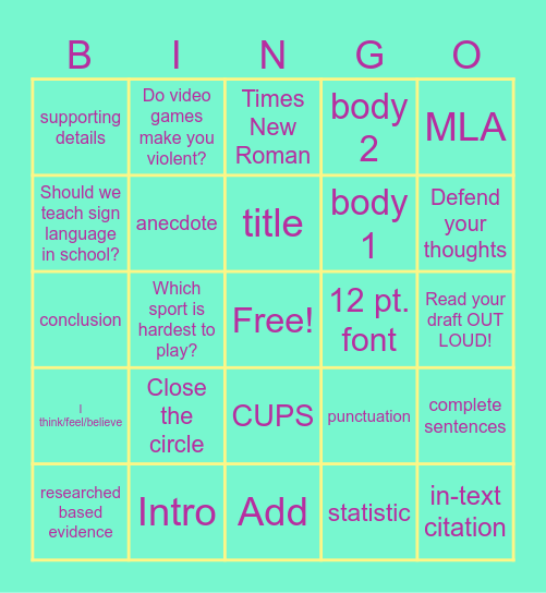 Argumentative Essay Bingo Card