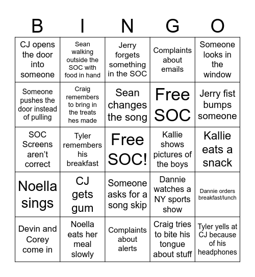 SOC Bingo Card
