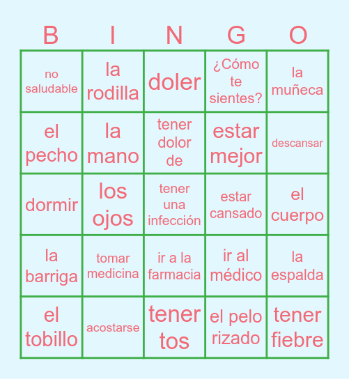 el cuerpo y la salud Bingo Card