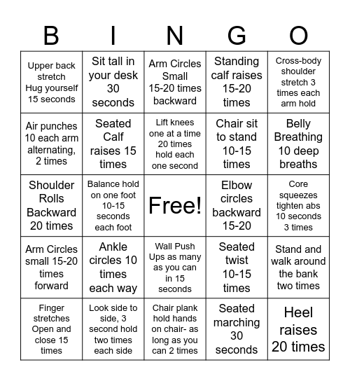 Move at Your Desk BINGO Card