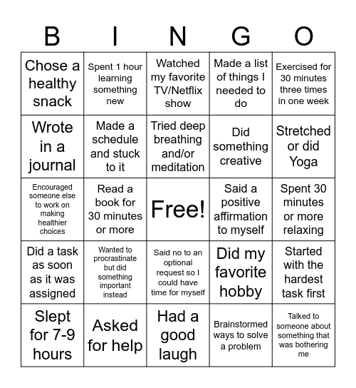 Stress Bingo Card