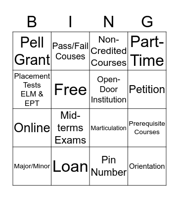 College Terms  Bingo Card