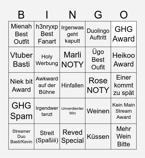 Stream Arwards 2025 Bingo Card