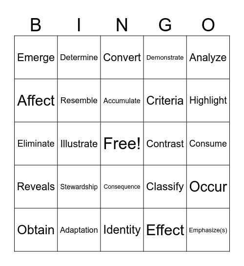 Academic Vocabulary Bingo Card