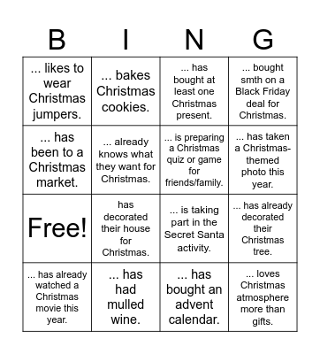Find someone who Christmas edition Bingo Card