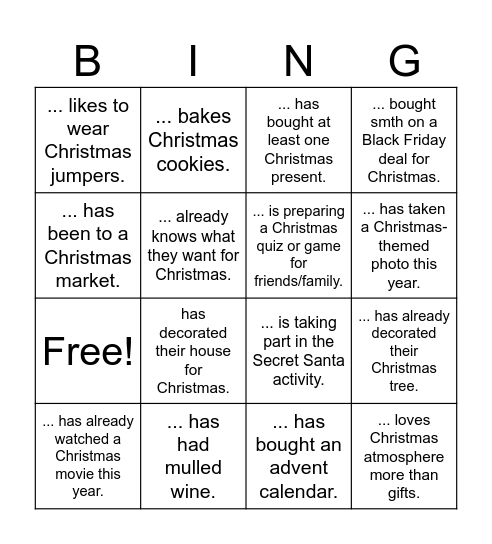 Find someone who Christmas edition Bingo Card