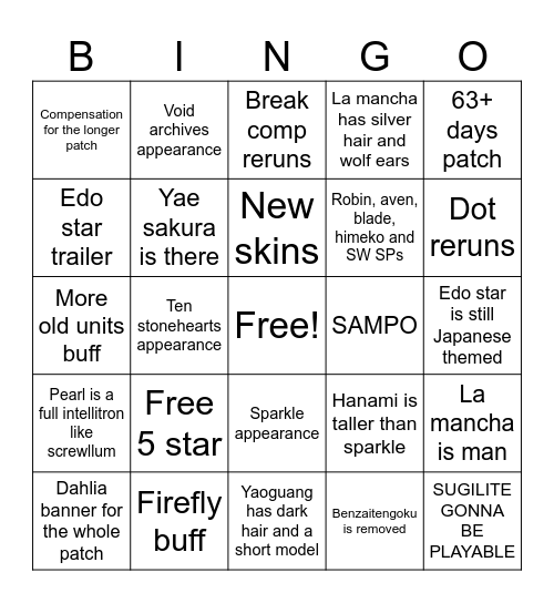 HSR 3.8 LIVESTREAM Bingo Card