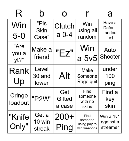 Roblox Rivals Bingo Card
