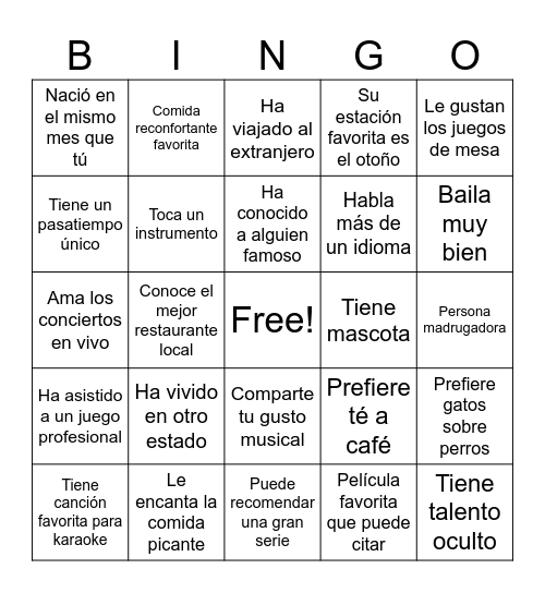 Bingo para Conocernos Mejor Bingo Card