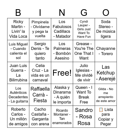 ​📋 Lista para Copiar y Pegar ​(Copia esta lista tal cual y pégala en el generador de cartones de Bingo) ​Sandro - Rosa Rosa ​Raffaella Carrà - Fiesta ​ABBA - Dancing Queen ​Pimpinela - Olvídame y pega la vuelta ​Gloria Gaynor - I Will Survive ​Luis Migue Bingo Card