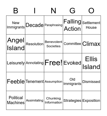 Immigrant Vocabulary Bingo Card