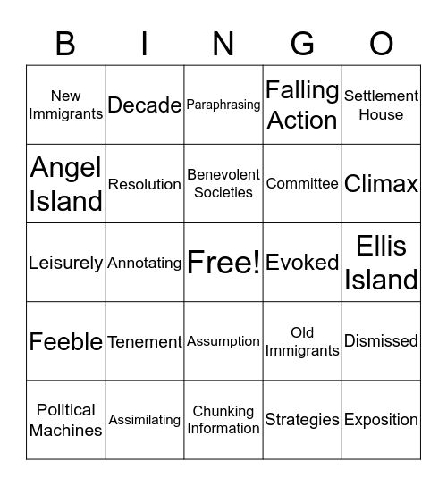 Immigrant Vocabulary Bingo Card