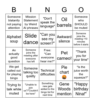 Meeting Bingo 12/4 Bingo Card