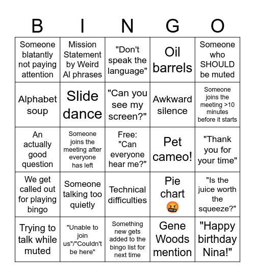 Meeting Bingo 12/4 Bingo Card