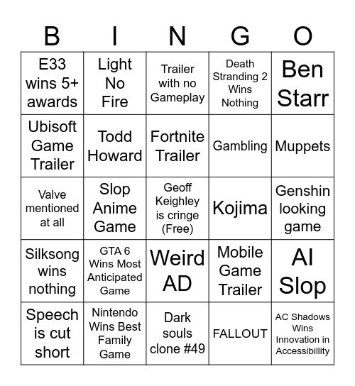 Gayme Awards Bingo Card