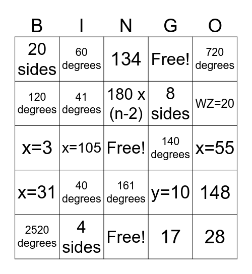Bingo Geometry - Module 7 Bingo Card