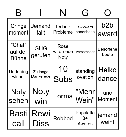 Stream Awards Bingo Card