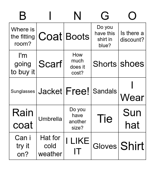 Shopping Phrases Bingo Card