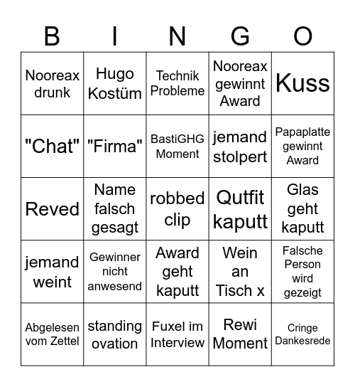 Stream Awards 2025 Bingo Card