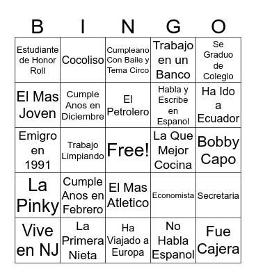 Family Bingo Card
