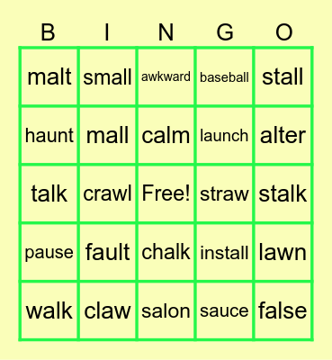 Vowel Sounds au, aw, al, alk, & all Bingo Card