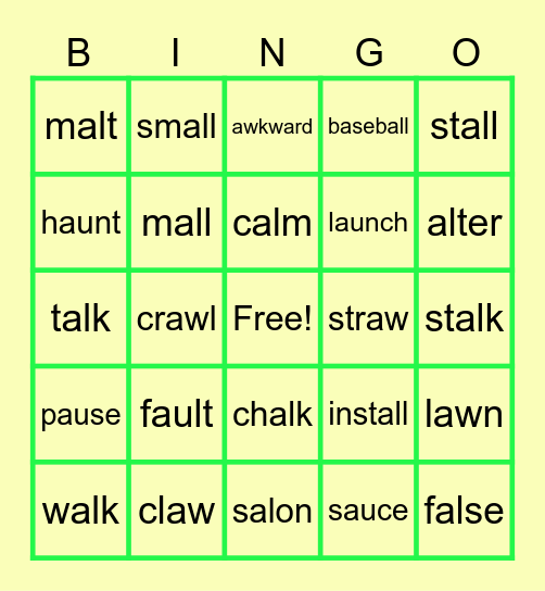 Vowel Sounds au, aw, al, alk, & all Bingo Card