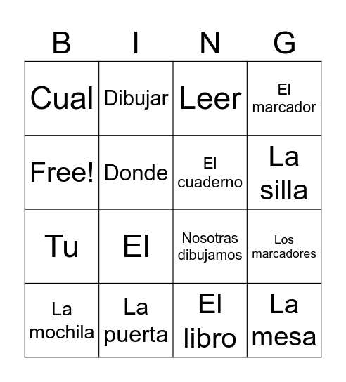 Spanish 1: Mi dia en la escuela Bingo Card