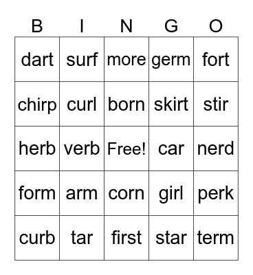 R-Controlled Words Bingo Card