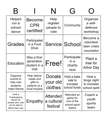 School Activities and Fundraising Bingo Card