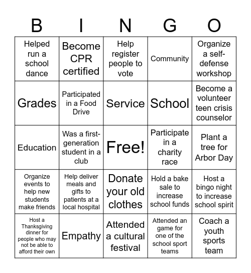 School Activities and Fundraising Bingo Card
