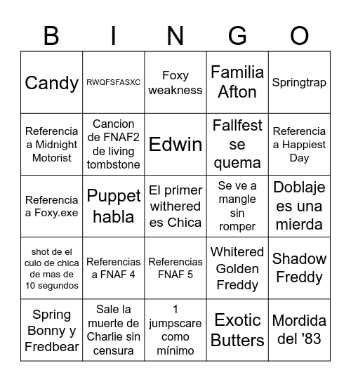 FNAF 2 PELI BINGO Card