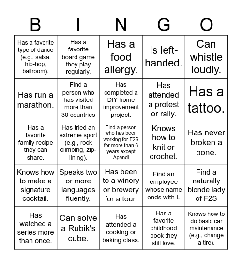Fly2Sky Human Bingo Card