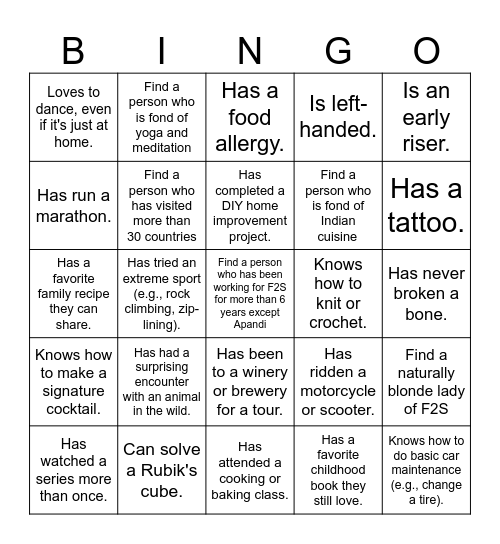 Fly2Sky Human Bingo Card