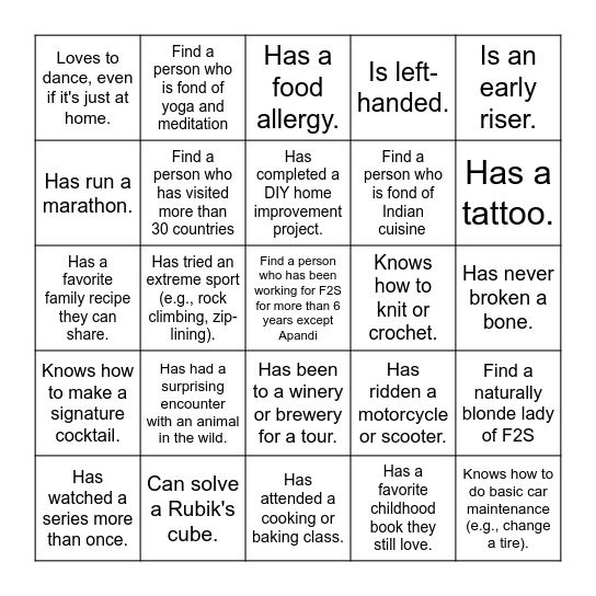 Fly2Sky Human Bingo Card