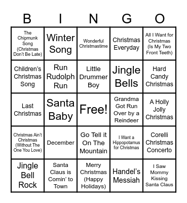 Holiday Song Bingo Card