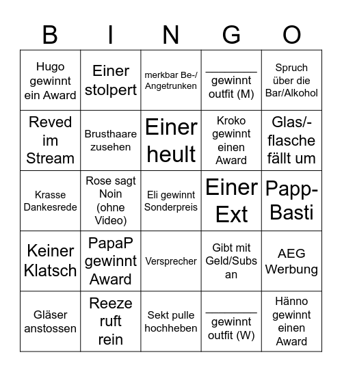 StreamAwards 2025 Bingo Card