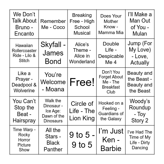 Movie & Musical Bingo Card