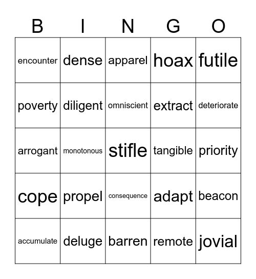 Unit 3 Vocabulary Bingo Card