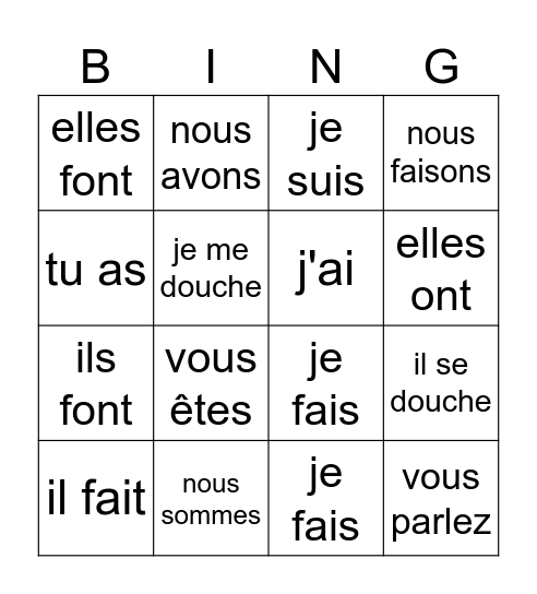 Bingo des verbes Bingo Card
