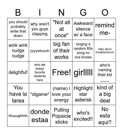 Carrione Vocal Stims Bingo Card
